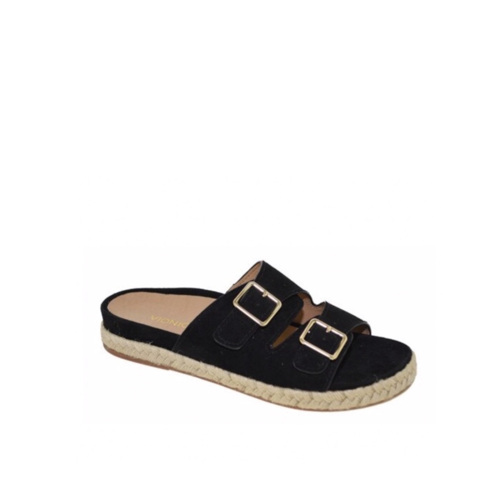 EUC VIONIC GLOW GIA BLACK SUEDE SLIDES ESPADRILLES DOUBLE STRAPS FLAT SANDALS